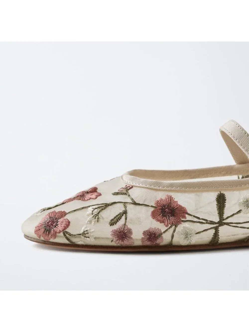Floral Embroidered Mesh Ballet Flats for Women - Round Toe Mary Jane Style